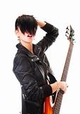 Punk girl holding a guitar and singing, isolated on white