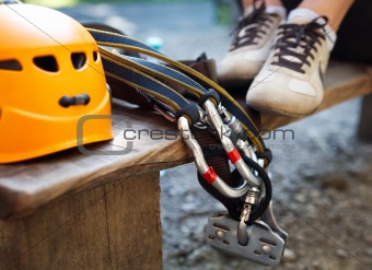 professional climbing gear with helmet pulley and carabiner
