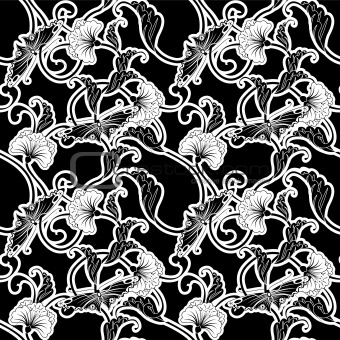 Ornate Japanese inspired black and white repeating seamless tile