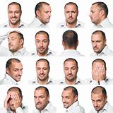 Sixteen facial expressions of a man