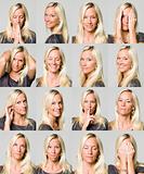 Sixteen facial expressions of a woman