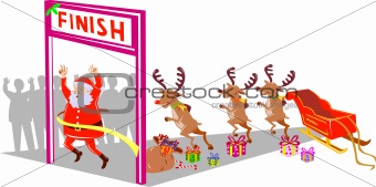 Santa Claus crossing the finish line of a race
