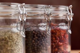 Glass Bottles of Various Cooking Spices