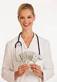 female doctor fanning out money