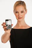 business woman holding up phone towards camera with copy space o