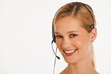 close up of businesswoman with headset on