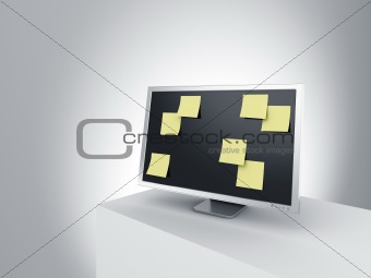 Monitor on a podium with post it notes.