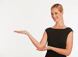 businesswoman holding up hands for copy space