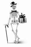 elegant skeleton gentleman with a halloween gift