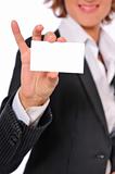 Business Woman Showing a Blank Business Card With Smiling Vertic
