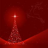 Red abstract Christmas background with Christmas tree and reindeer