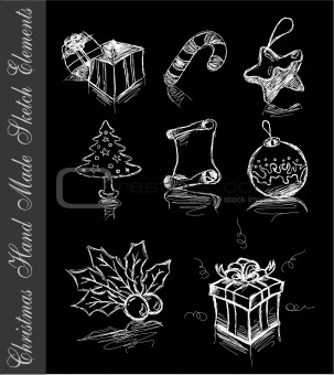 Hand Made Sketch of Christmas Design elements on black