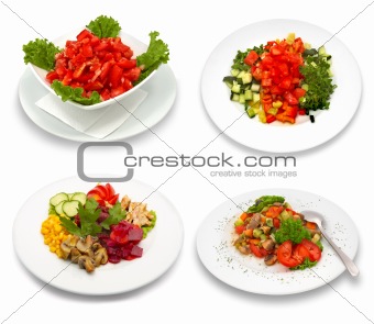 4 salad dishes. Isolated on white. This image was composed using four different shots.