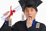 Scholar wear graduation gown surprised in expensive education