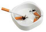White ashtray with a smoking butts and cigarette.