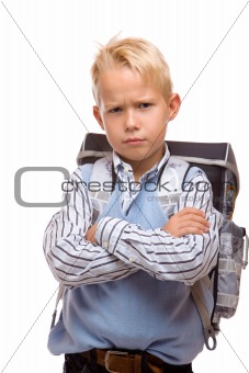 schoolchild looks angry on first schoolday