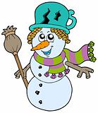 Cute snowman with scarf and broom