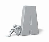sitting man leans on uppercase letter A