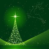 Green abstract Christmas background with Christmas tree and reindeer
