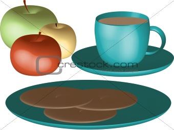 Illustration of cup of tea and saucer with plate and chocolate cookies and three apples
