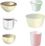 Collection of shiny cups, mugs, bowls and vase illustration