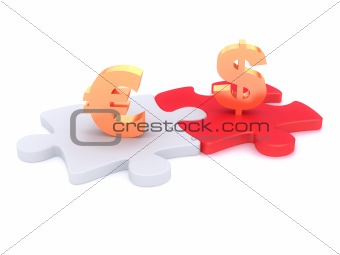 Euro and dollar symbols on puzzle peaces