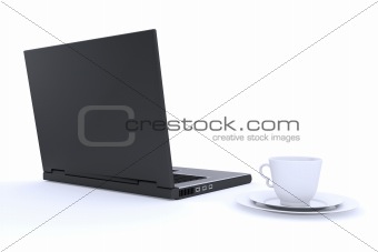 Notebook with cup on saucer