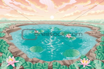 Cartoon pond with lotus
