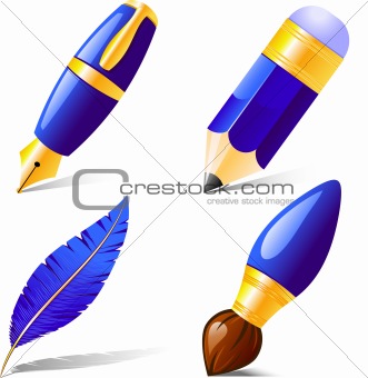 Pencil, pen, brush, feather.