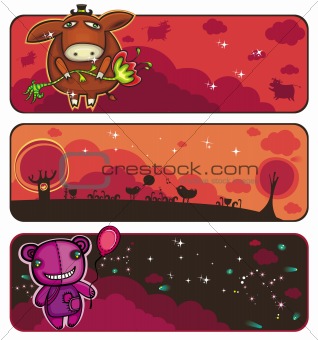 Cute Sunset banners with funny animals.