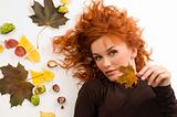 red hair and fall leaf