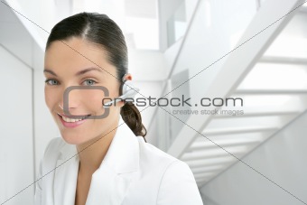 Headset phone business woman dress in white
