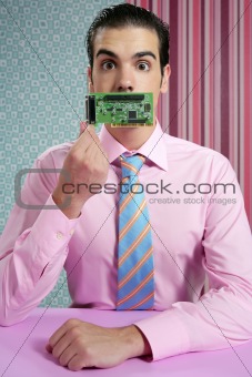 Businessman with electronic circuit in face