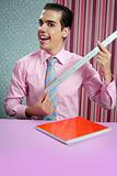 Funny young businessman with measuring ruler