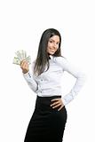 Beautiful success businesswoman holding Dollar notes