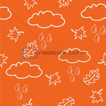 Seamless pattern with clouds and leaves on orange background