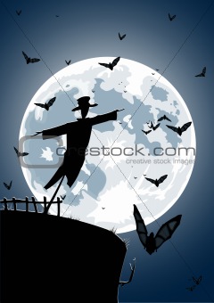 Vector illustration of scarecrow with full moon on background 