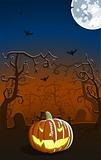 Vector illustration of scary pumpkin on the grave 