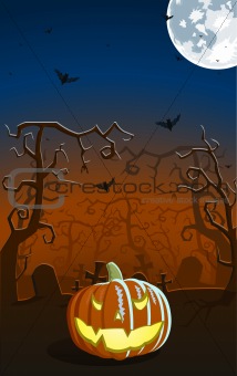 Vector illustration of scary pumpkin on the grave 