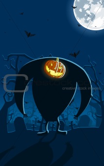 Vector illustration of scary Jack-o-lantern man on the grave 