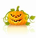 frightful halloween pumpkin vegetable with green leaves