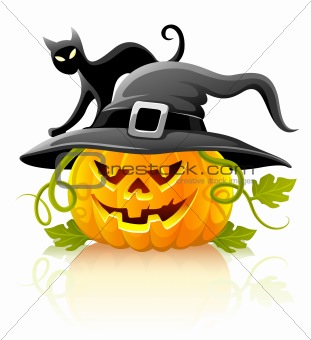 frightful halloween pumpkin in black hat with cat