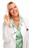 Attractive Female Doctor with Blank Prescription Bottle Isolated on a White Background.