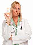 Attractive Female Doctor with Blank Prescription Bottle Isolated on a White Background.