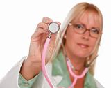 Attractive Female Doctor Holding Stethoscope Isolated on a White Background.