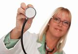 Attractive Female Doctor Holding Stethoscope Isolated on a White Background.