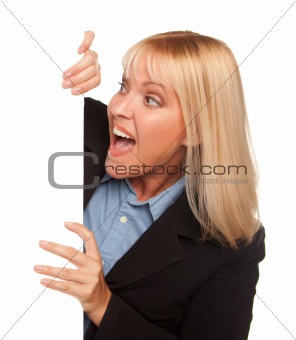 Attractive Blonde Holding Blank White Sign Edge Isolated on a White Background.