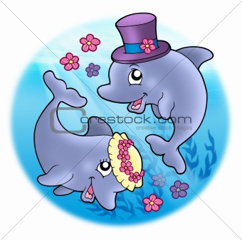 Wedding image with dolphins in sea