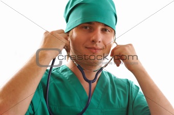 Doctor holding stethoscope isolated on white