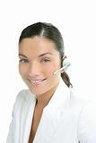 Beautiful headset businesswoman portrait in white